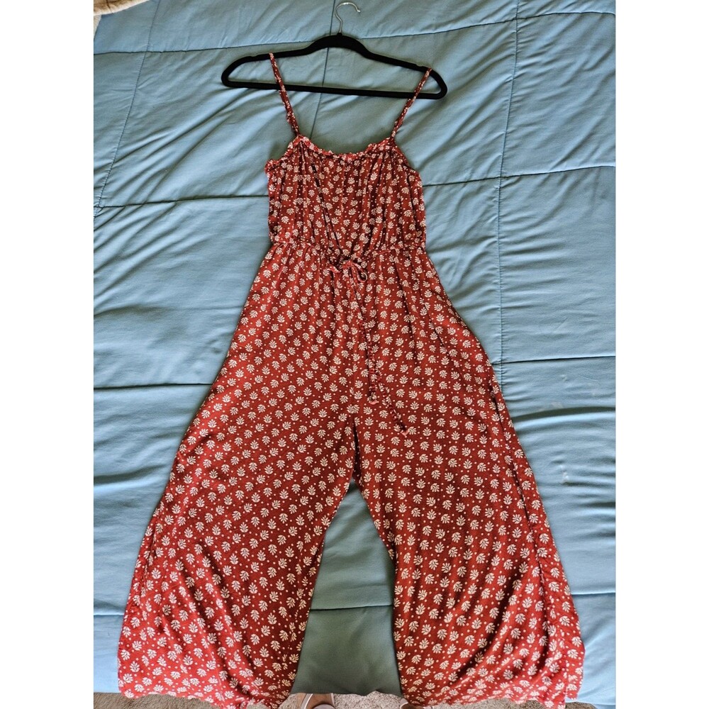 Women Jumpsuit size M Orange Flsral Ruched Wide Leg Prairie Posies Cropped